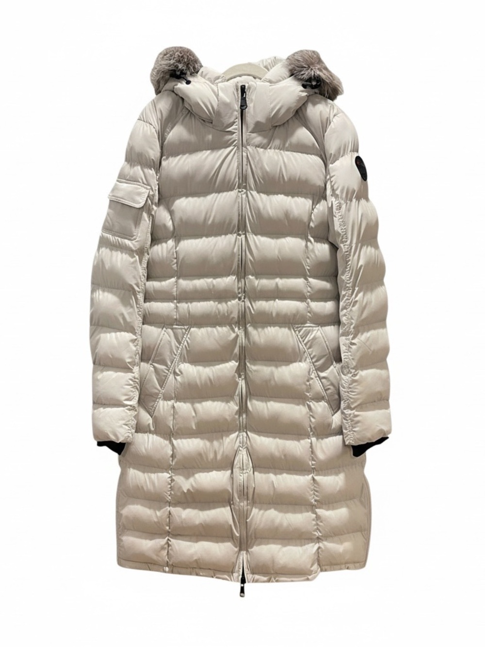 Pajar Women's Light Cream Long Hooded Puffer Coat with Fur Trim